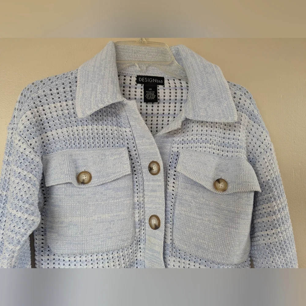 Design 365 Crocheted Knit Two Pocket Sweater Cardigan Coat Jacket, Blue (XS) - Picture 2 of 15